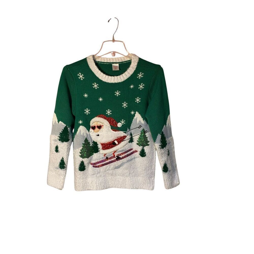 Holiday time girls, Santa skiing, green, long sleeve, sweater, size large